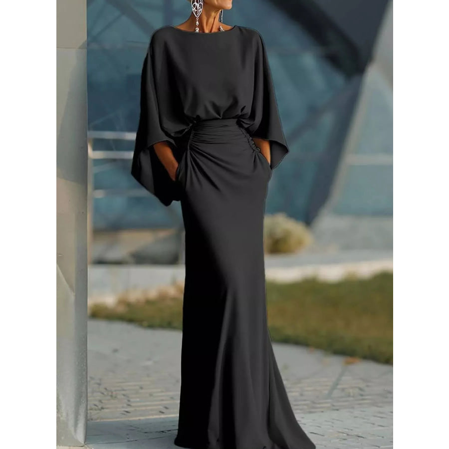 Batwing Sleeve Ruched Maxi Dress Black / S Apparel and Accessories