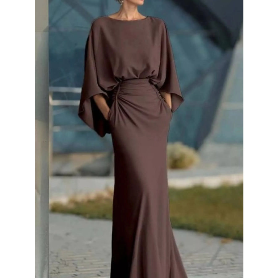 Batwing Sleeve Ruched Maxi Dress Brown / S Apparel and Accessories