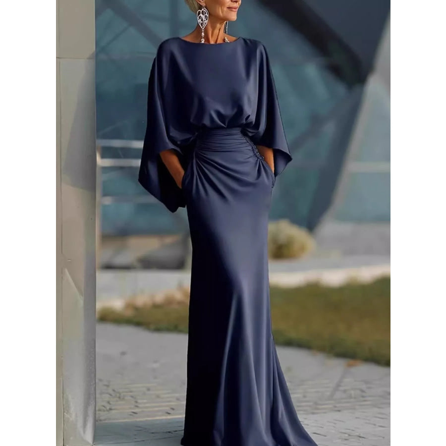 Batwing Sleeve Ruched Maxi Dress Navy / S Apparel and Accessories