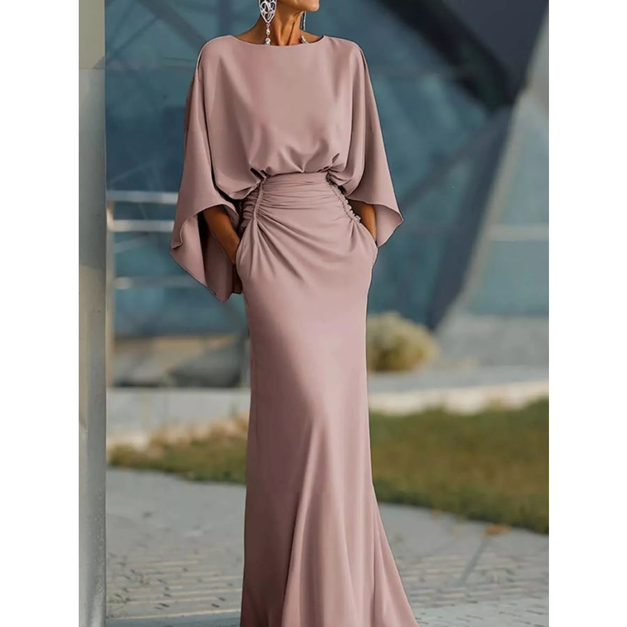 Batwing Sleeve Ruched Maxi Dress Pink / S Apparel and Accessories