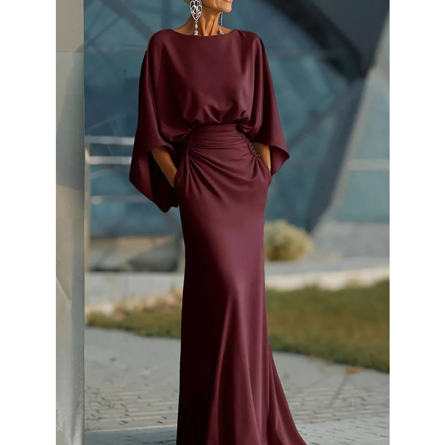Batwing Sleeve Ruched Maxi Dress Red / S Apparel and Accessories