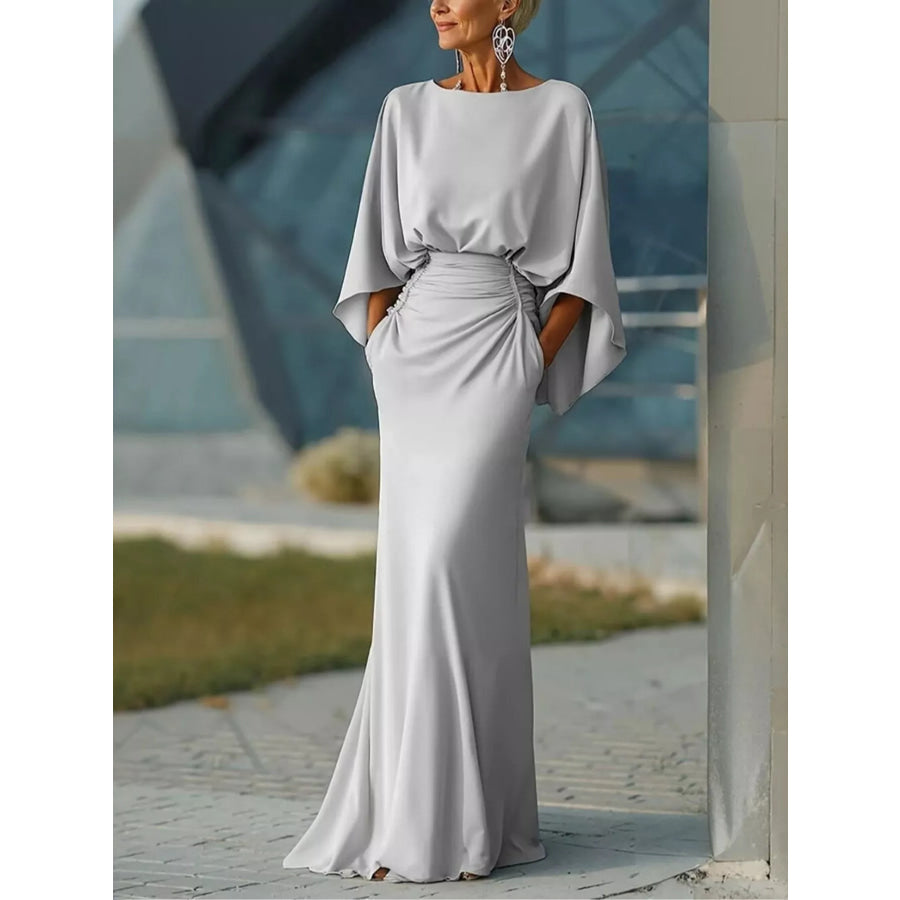 Batwing Sleeve Ruched Maxi Dress Silver / S Apparel and Accessories