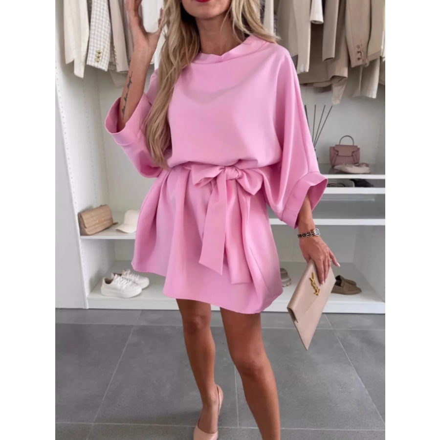 Batwing Sleeve Tie Waist Mini Dress Pink / S Apparel and Accessories