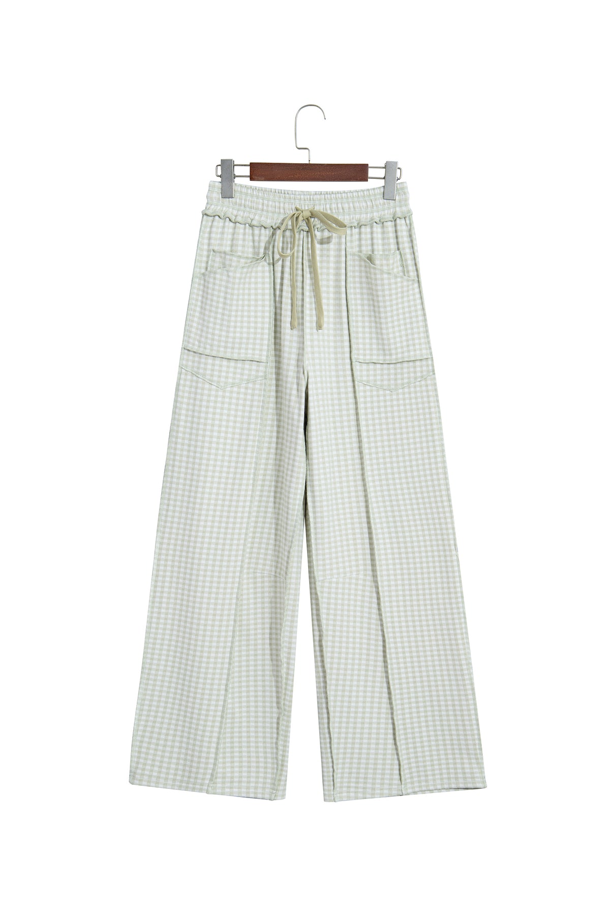 Brown Plaid Contrast Trim Drawstring Elastic Waist Shift Pants