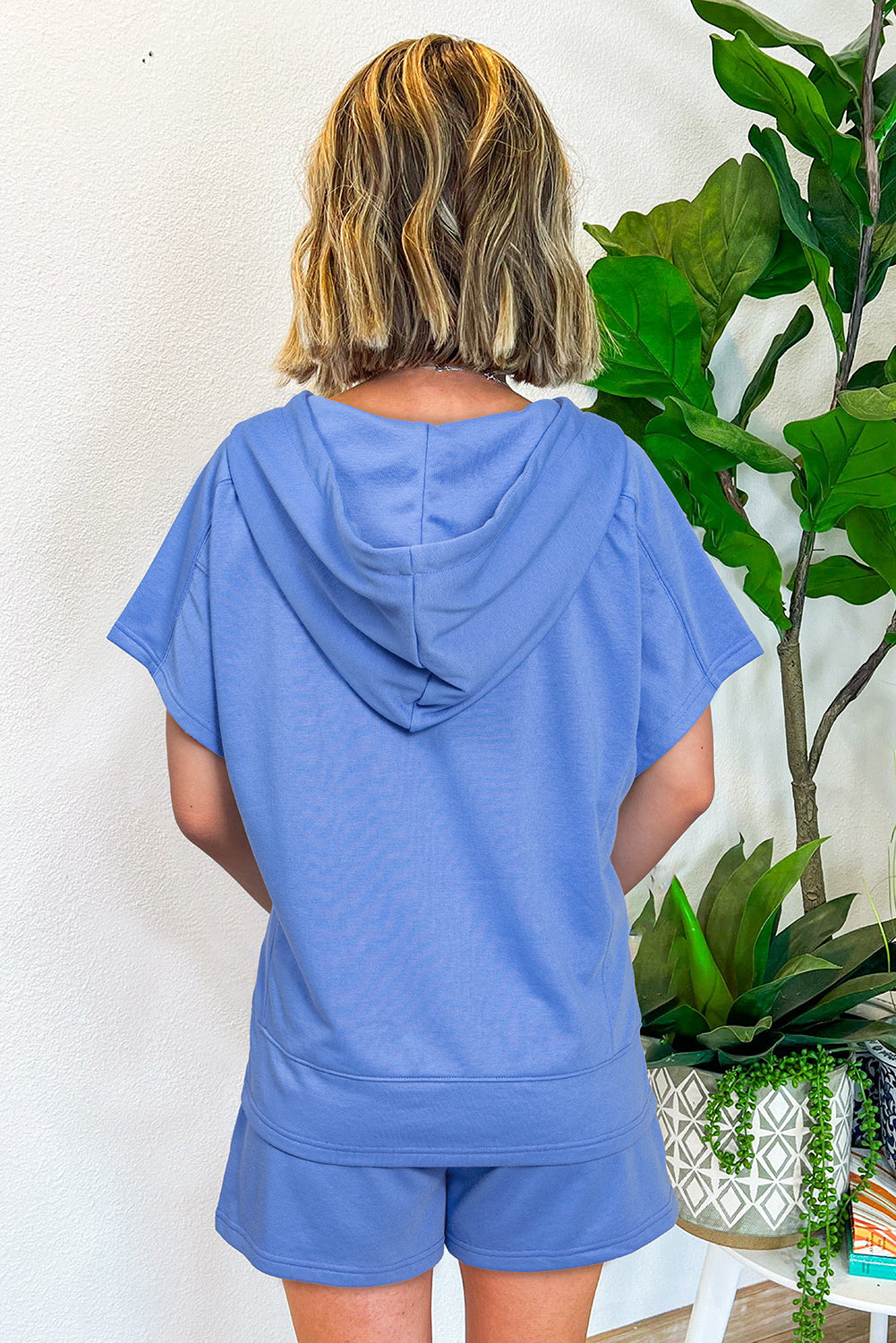 Sky Blue Casual Zipped Short Sleeve Hoodie and Shorts Set Sky Blue / S / 80% Polyester + 20% Cotton Two Piece Sets/Short Sets