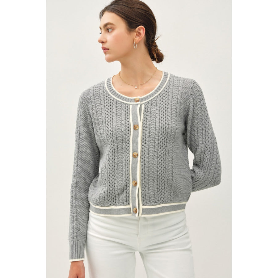 Be Cool Cable Knit Long Sleeve Contrast Edge Cardigan Gray / S Apparel and Accessories