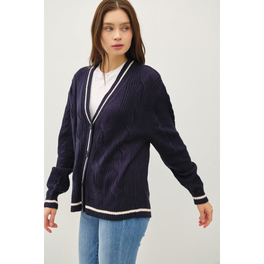 Be Cool Contrast Trim Cable-Knit V-Neck Cardigan Apparel and Accessories