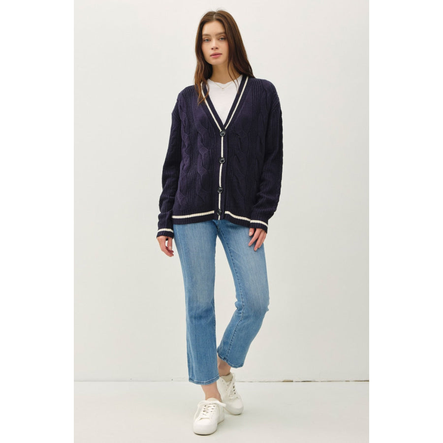 Be Cool Contrast Trim Cable-Knit V-Neck Cardigan Apparel and Accessories