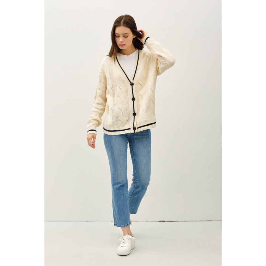 Be Cool Contrast Trim Cable-Knit V-Neck Cardigan Apparel and Accessories