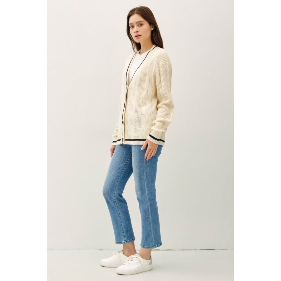 Be Cool Contrast Trim Cable-Knit V-Neck Cardigan Apparel and Accessories