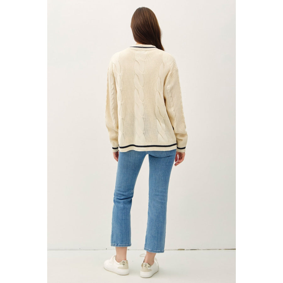 Be Cool Contrast Trim Cable-Knit V-Neck Cardigan Natural / S/M Apparel and Accessories