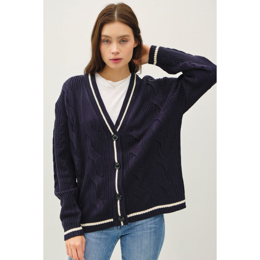 Be Cool Contrast Trim Cable-Knit V-Neck Cardigan Navy / S/M Apparel and Accessories