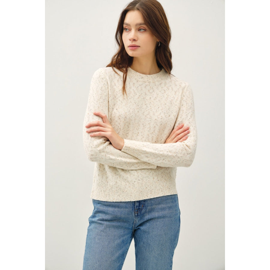 Be Cool Heathered Round Neck Long Sleeve Sweater Cream / S Apparel and Accessories