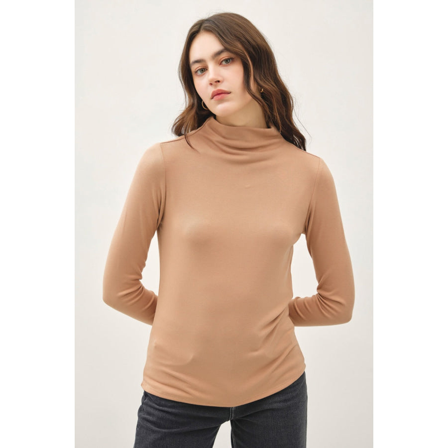 Be Cool Mock Neck Long Sleeve T-Shirt Camel / S Apparel and Accessories