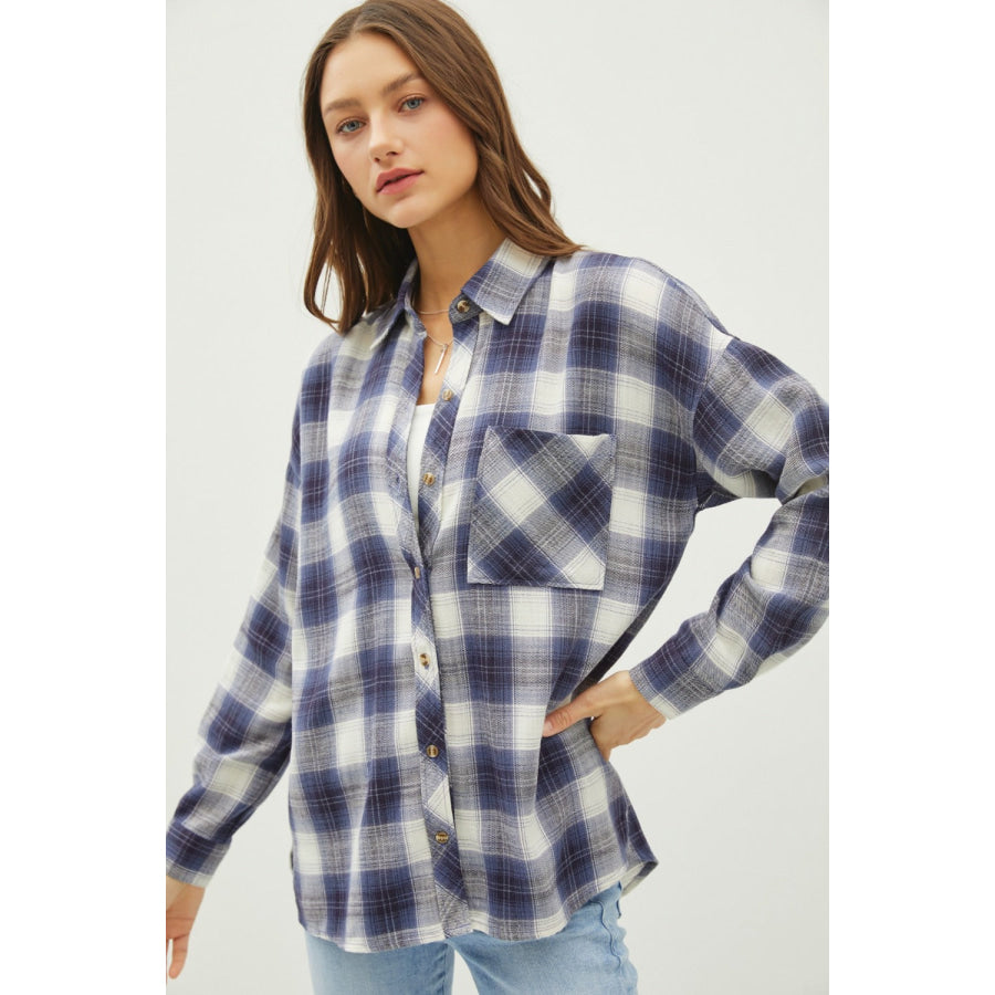 Be Cool Plaid Flannel Button Down Shirt with Chest Pocket Blue / S/M Apparel and Accessories