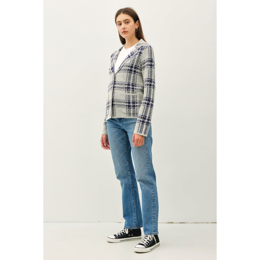 Be Cool Plaid Long Sleeve Sweater Jacket with Front Patch Pockets Apparel and Accessories