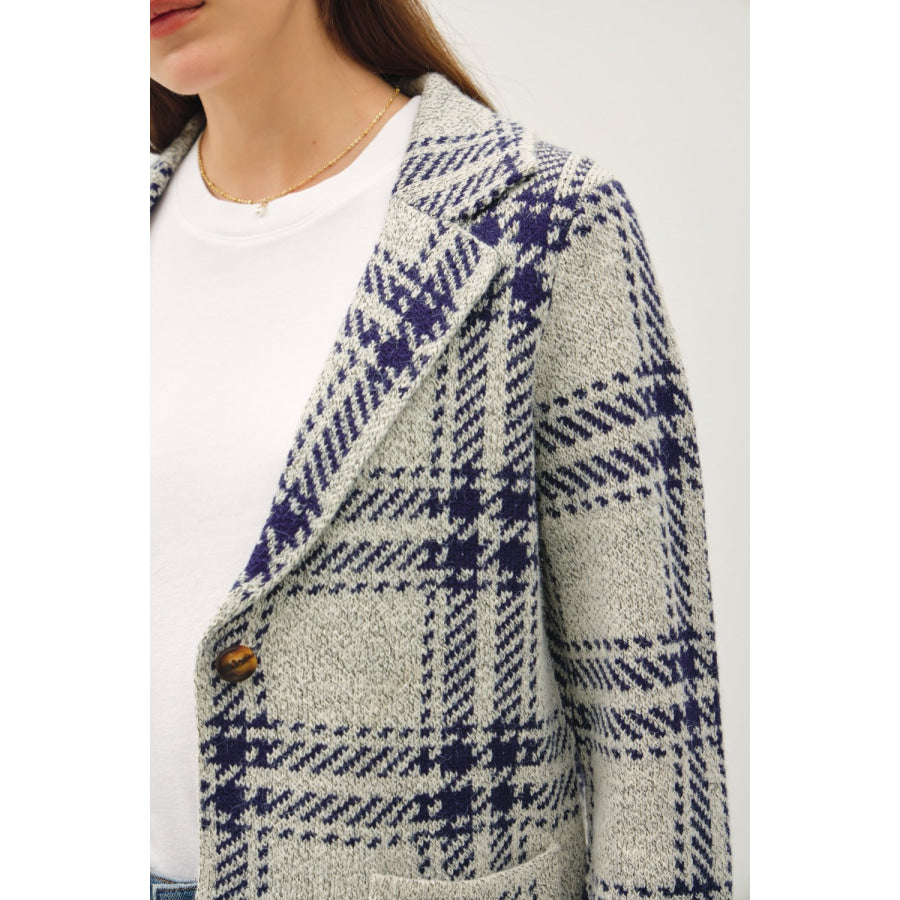 Be Cool Plaid Long Sleeve Sweater Jacket with Front Patch Pockets Apparel and Accessories