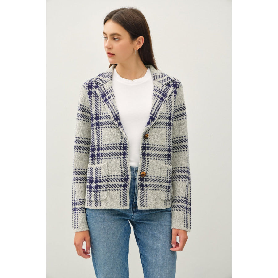 Be Cool Plaid Long Sleeve Sweater Jacket with Front Patch Pockets Apparel and Accessories