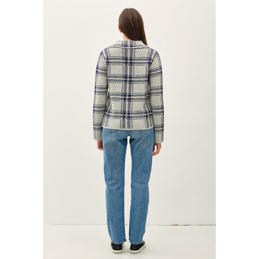 Be Cool Plaid Long Sleeve Sweater Jacket with Front Patch Pockets Apparel and Accessories