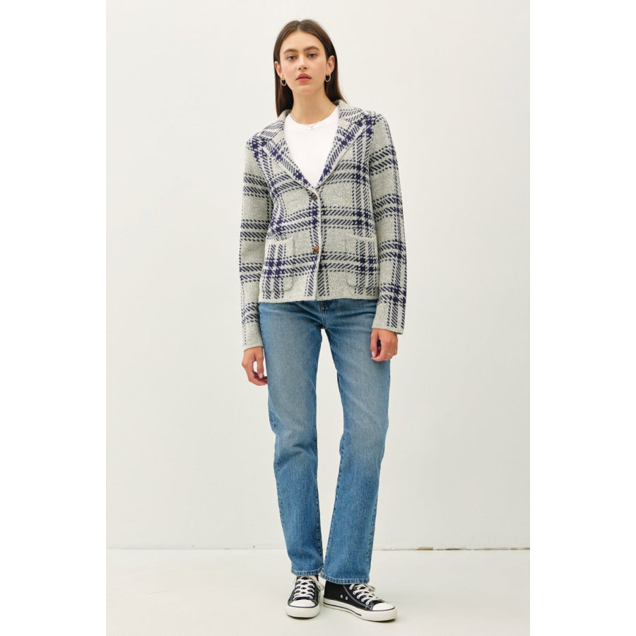 Be Cool Plaid Long Sleeve Sweater Jacket with Front Patch Pockets Navy / S Apparel and Accessories