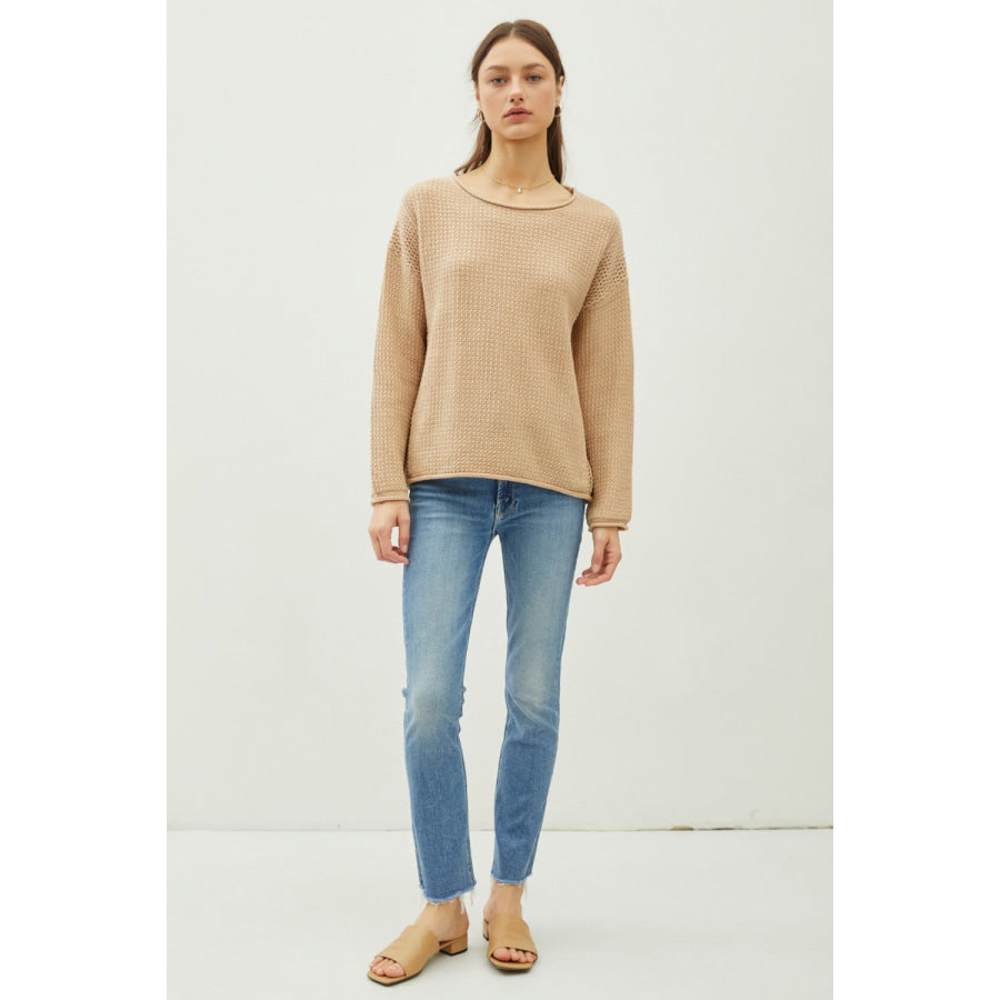 Be Cool Rolled Openwork Round Neck Sweater Apparel and Accessories