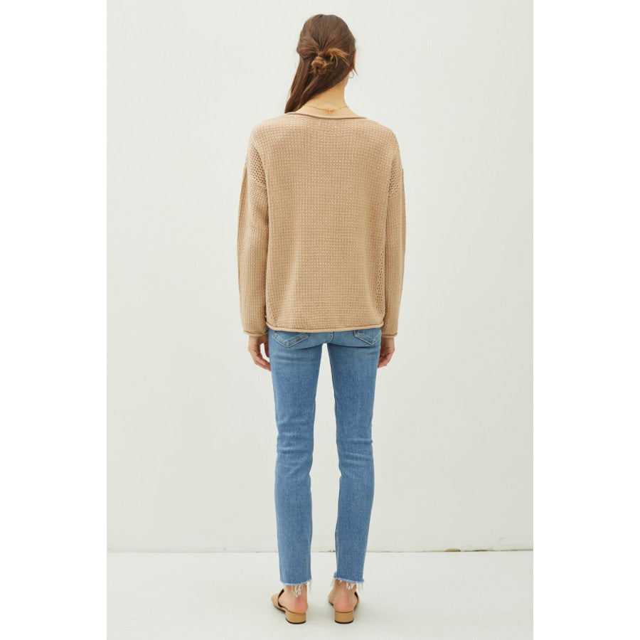 Be Cool Rolled Openwork Round Neck Sweater Apparel and Accessories