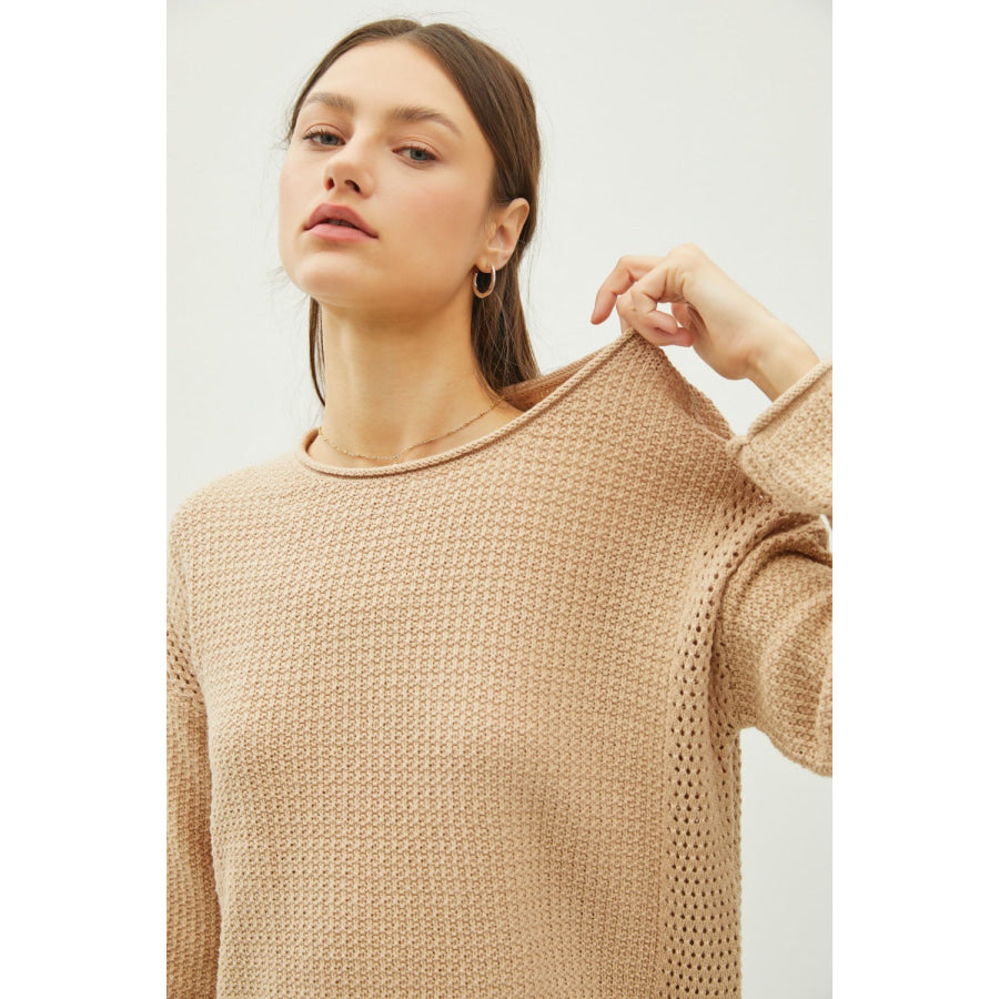 Be Cool Rolled Openwork Round Neck Sweater Apparel and Accessories