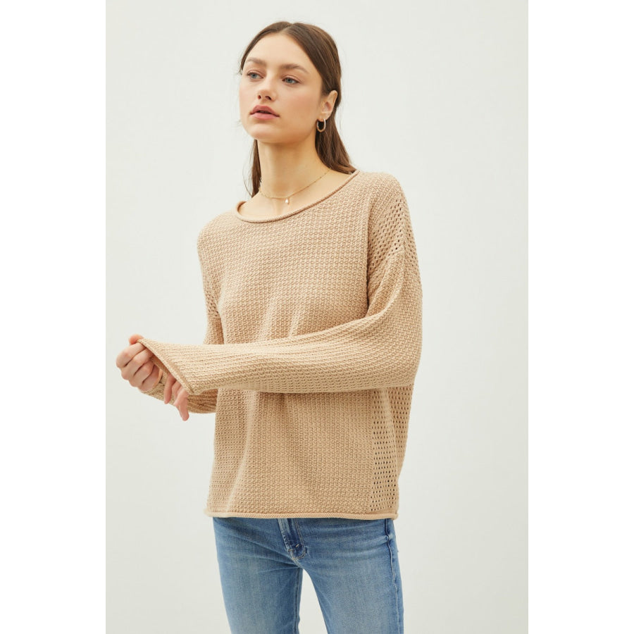 Be Cool Rolled Openwork Round Neck Sweater Taupe / S/M Apparel and Accessories