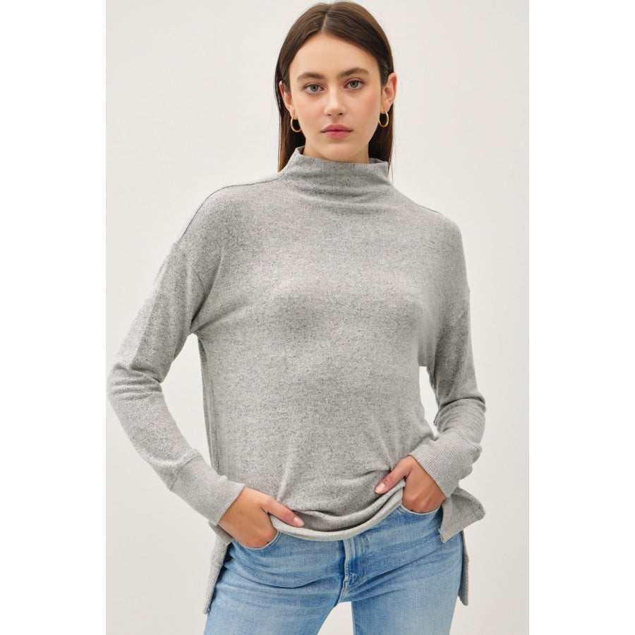 Be Cool Side Slit Mock Neck Long Sleeve Tunic Top Charcoal / S Apparel and Accessories