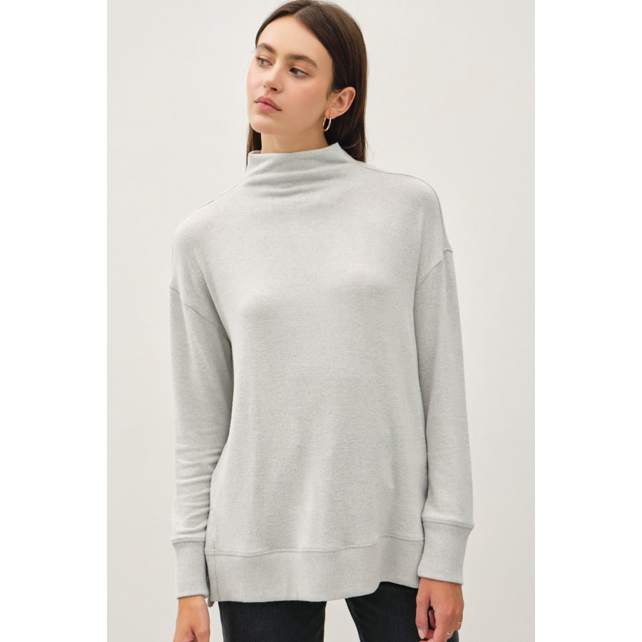 Be Cool Side Slit Mock Neck Long Sleeve Tunic Top Light Gray / S Apparel and Accessories