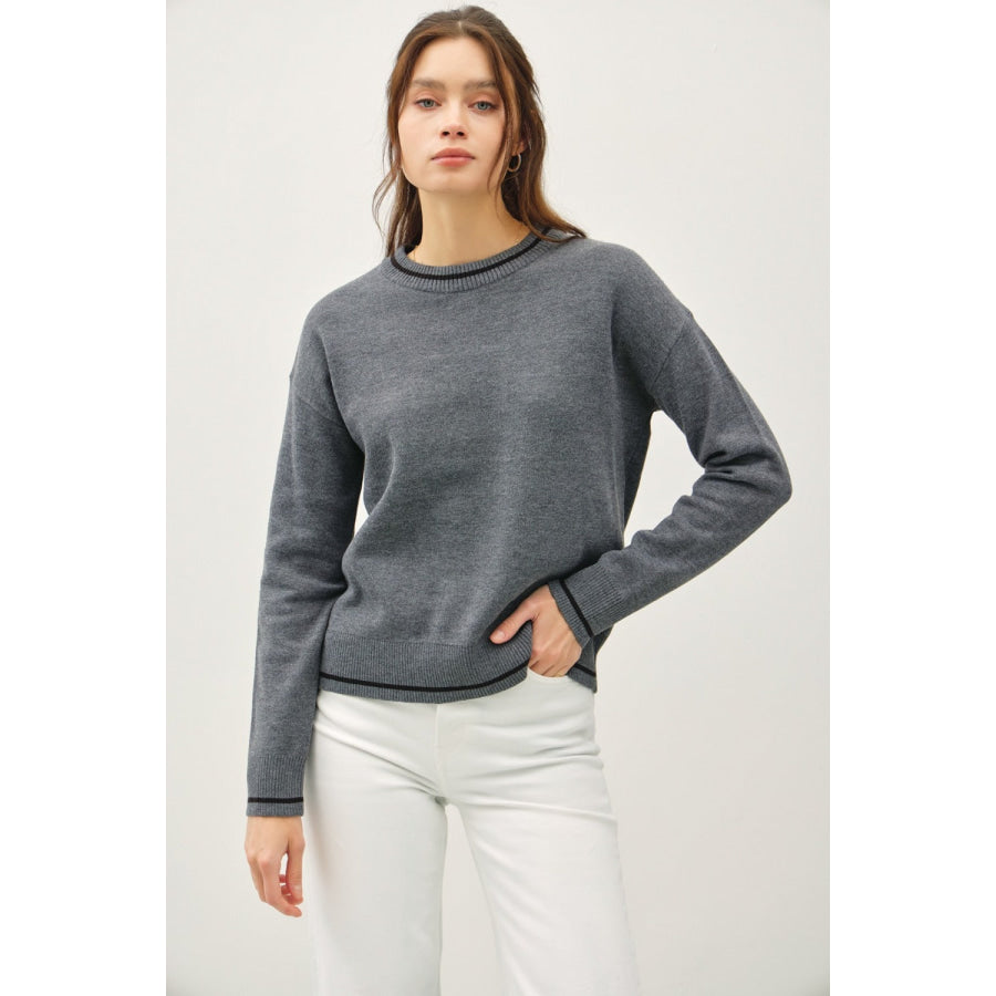 Be Cool Striped Trim Round Neck Long Sleeve Sweater Apparel and Accessories