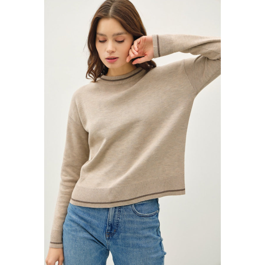 Be Cool Striped Trim Round Neck Long Sleeve Sweater Apparel and Accessories