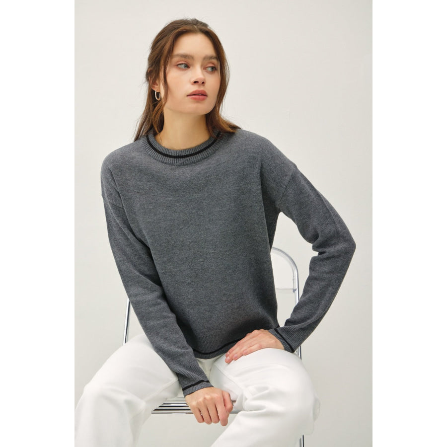 Be Cool Striped Trim Round Neck Long Sleeve Sweater Charcoal / S/M Apparel and Accessories