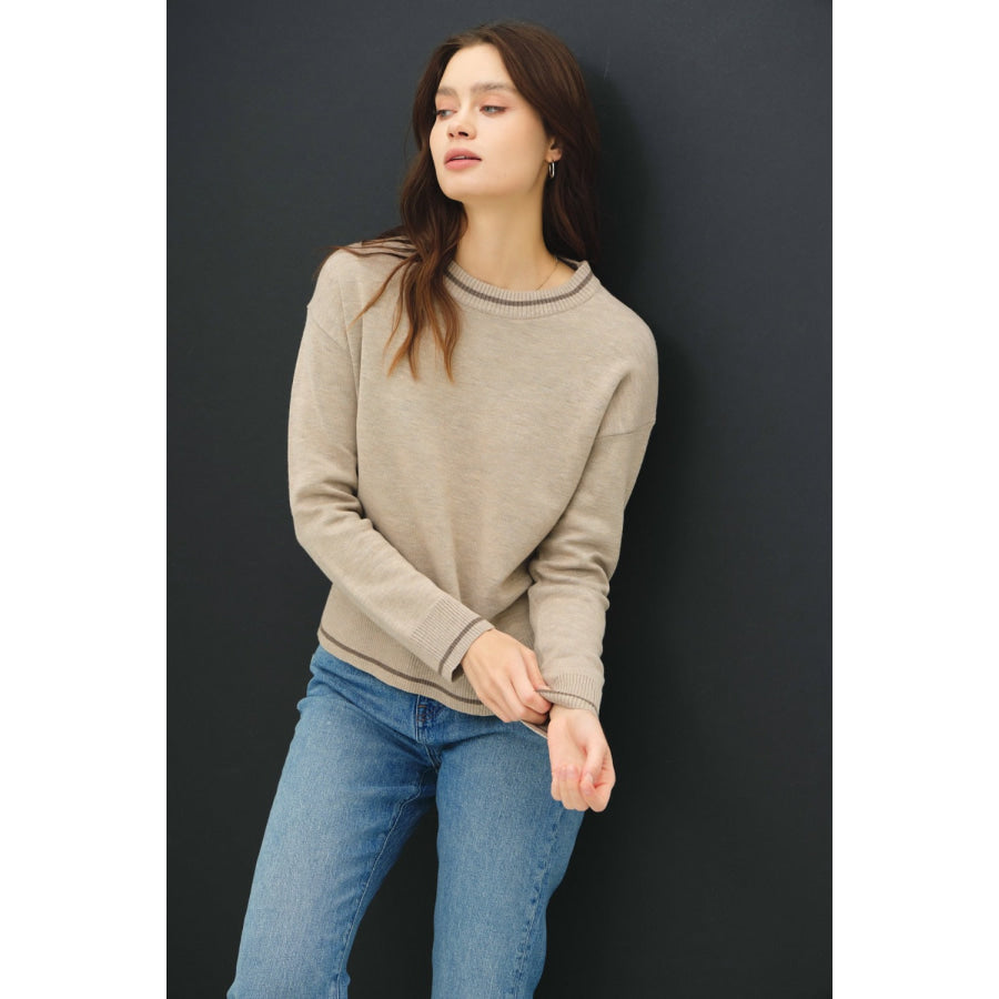 Be Cool Striped Trim Round Neck Long Sleeve Sweater Mocha / S/M Apparel and Accessories