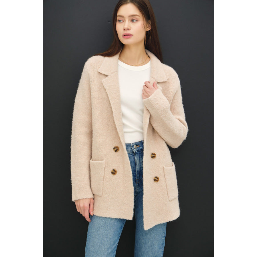 Be Cool Textured Double-Breasted Coat with Pockets Blush Beige / S/M Apparel and Accessories