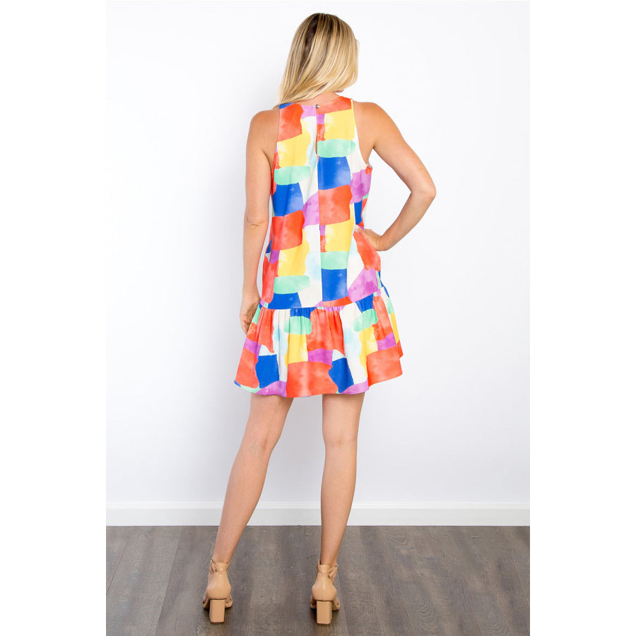 Be Stage Abstract Print Ruffle Hem Mini Dress with Pockets Royal/Orange / S Apparel and Accessories