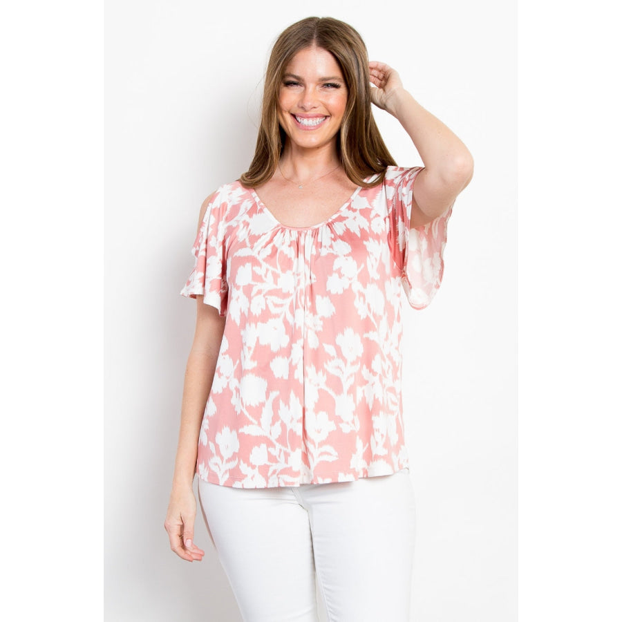 Be Stage Foral Cold Shoulder Top Pink / S Apparel and Accessories