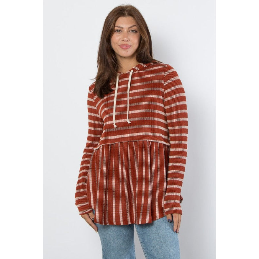 Be Stage Full Size Drawstring Striped Babydoll Hoodie Rust / S Apparel and Accessories