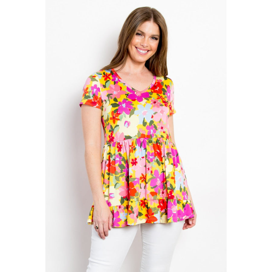 Be Stage Full Size Floral Wrinkle Free Ruffled Blouse Yellow / S Apparel and Accessories