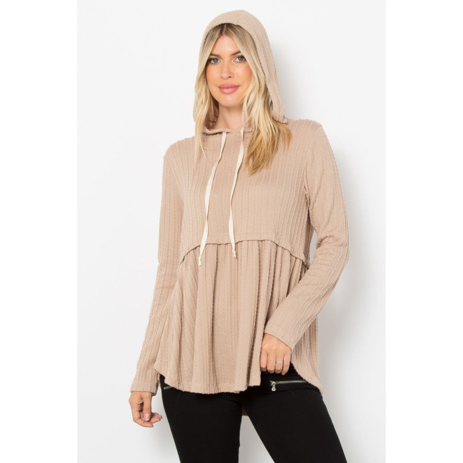 Be Stage Full Size Long Sleeve Peplum Cable Knit Hoodie Taupe / S Apparel and Accessories