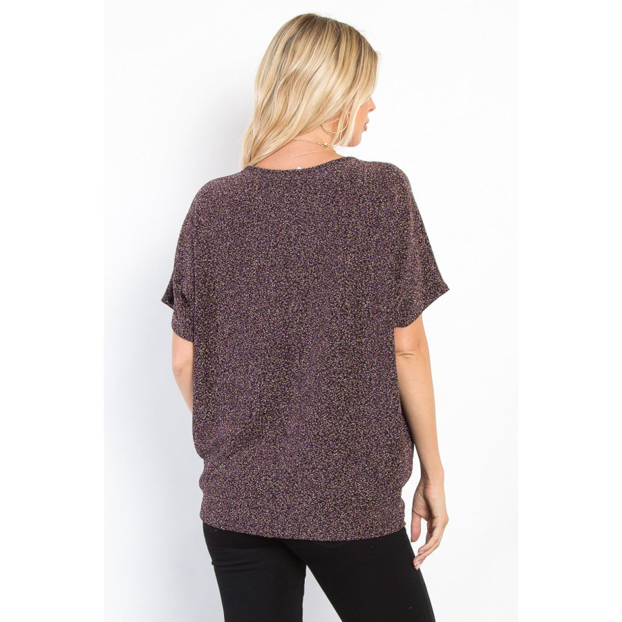 Be Stage Full Size Lurex Center Elastic Cinched Knit Top Brown / S Apparel and Accessories