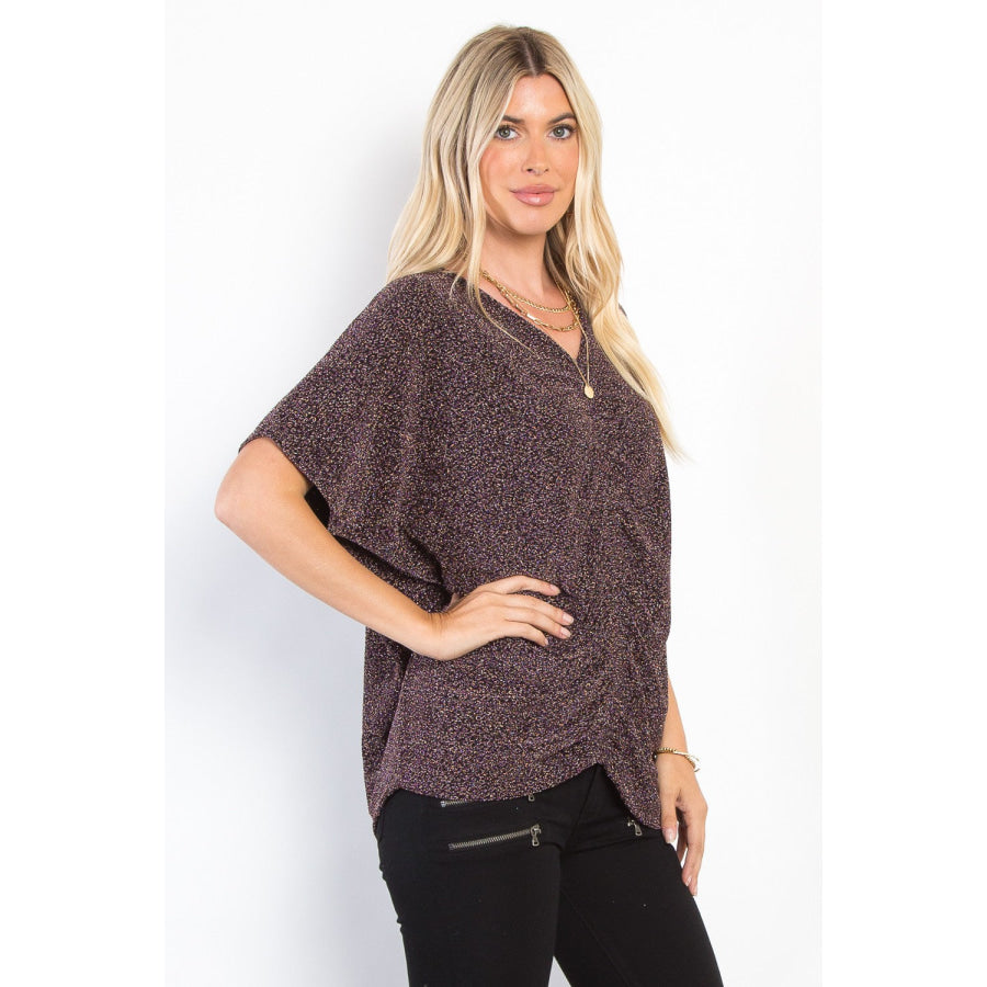 Be Stage Full Size Lurex Center Elastic Cinched Knit Top Apparel and Accessories