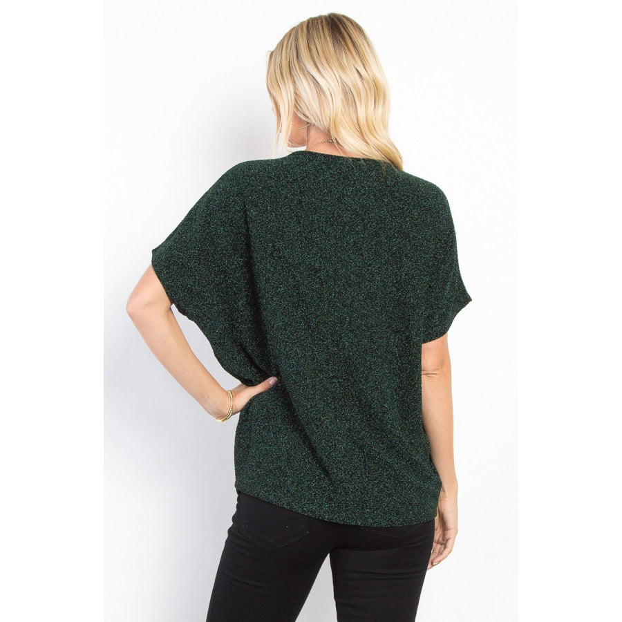 Be Stage Full Size Lurex Center Elastic Cinched Knit Top Hunter Green / S Apparel and Accessories