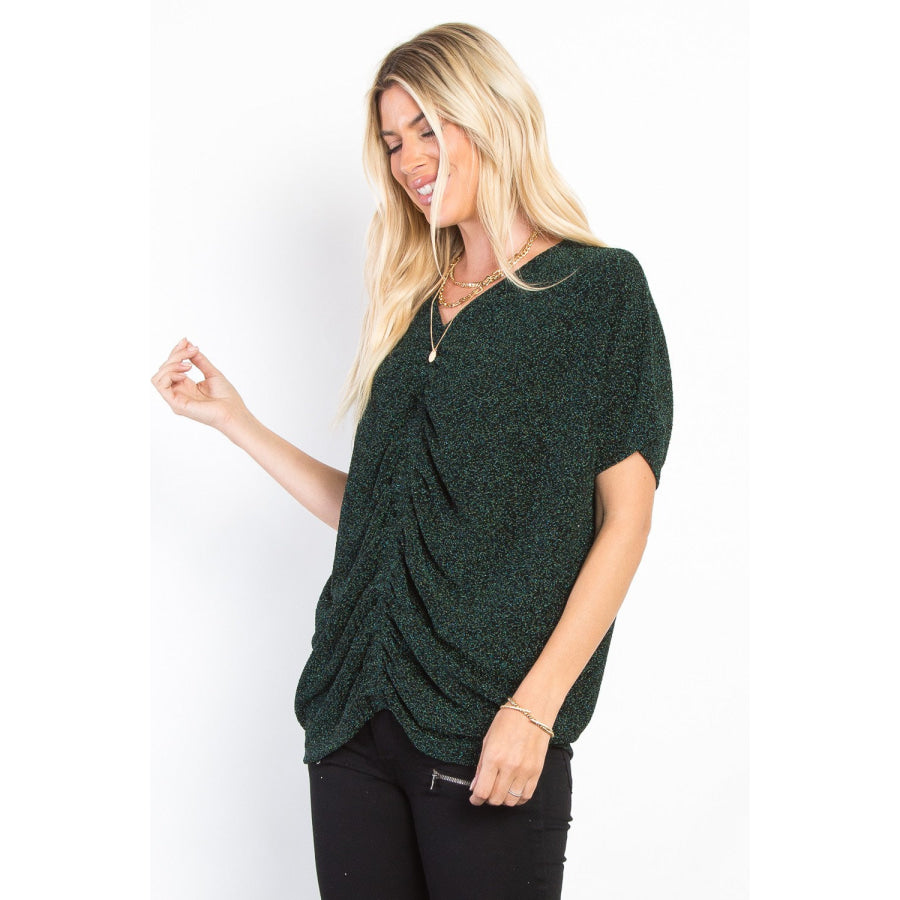 Be Stage Full Size Lurex Center Elastic Cinched Knit Top Apparel and Accessories