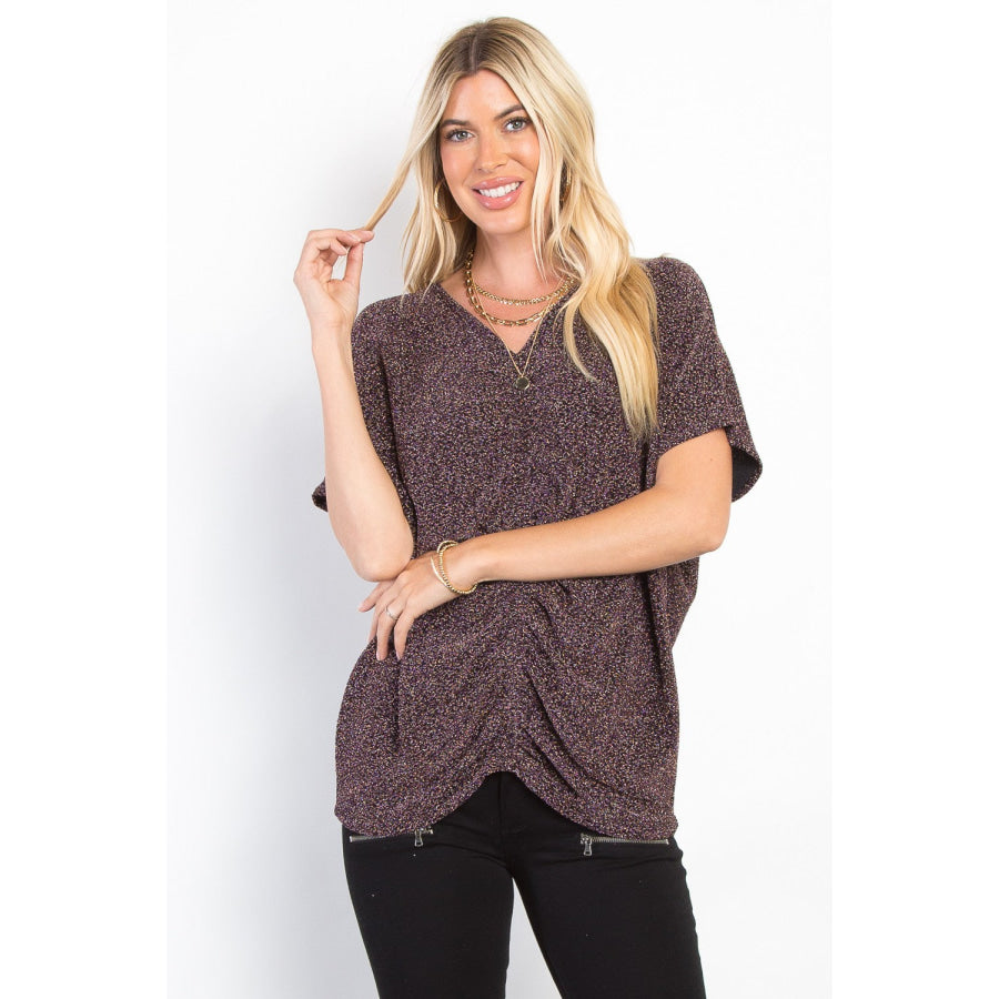 Be Stage Full Size Lurex Center Elastic Cinched Knit Top Brown / S Apparel and Accessories