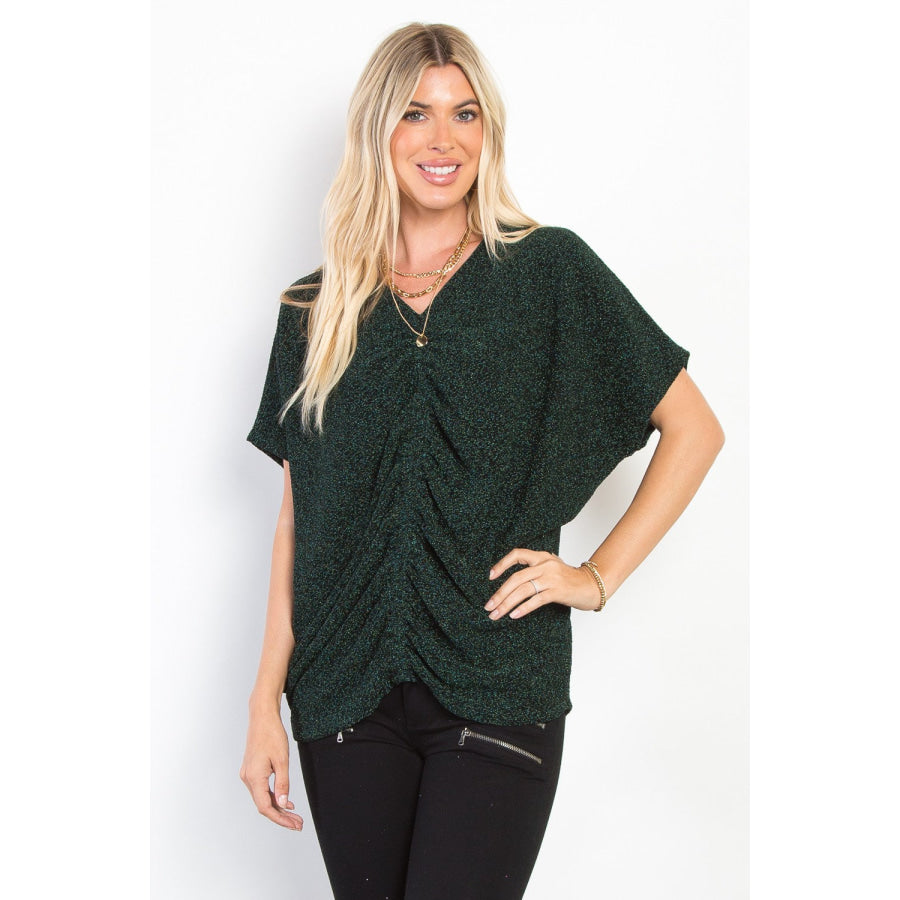 Be Stage Full Size Lurex Center Elastic Cinched Knit Top Hunter Green / S Apparel and Accessories