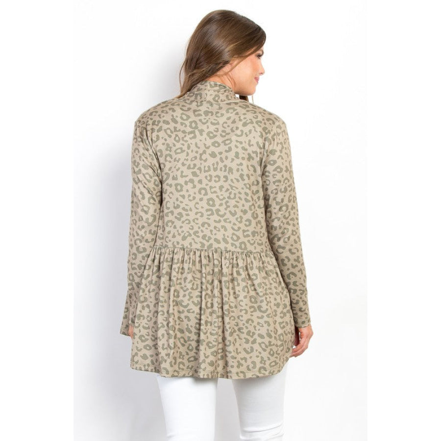 Be Stage Full Size Peplum Leopard Open Front Long Sleeve Cardigan Sage / S Apparel and Accessories