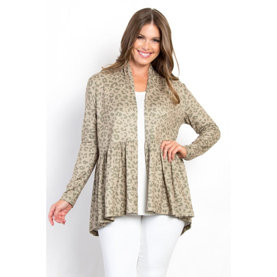 Be Stage Full Size Peplum Leopard Open Front Long Sleeve Cardigan Sage / S Apparel and Accessories