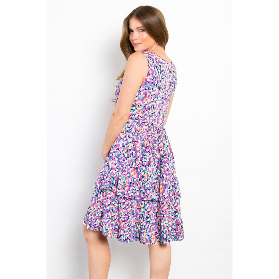Be Stage Full Size Print Wrinkle Free Ruffled Dress Lavender / S Apparel and Accessories