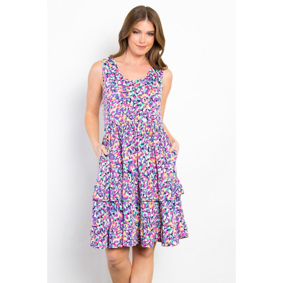 Be Stage Full Size Print Wrinkle Free Ruffled Dress Lavender / S Apparel and Accessories